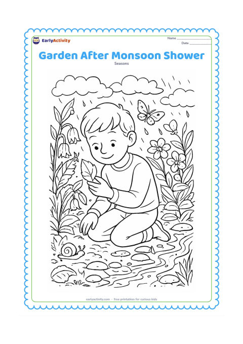 Colouring page: A richly planted garden after rain contains a child examining a leaf, butterflies, a snail, flowering plants, wet stones, puddle reflections and a small stream. Show clouds thinning…