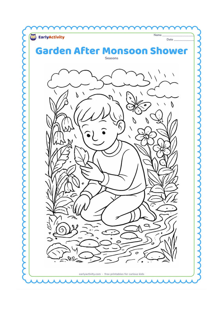 Colouring page: A richly planted garden after rain contains a child examining a leaf, butterflies, a snail, flowering plants, wet stones, puddle reflections and a small stream. Show clouds thinning…