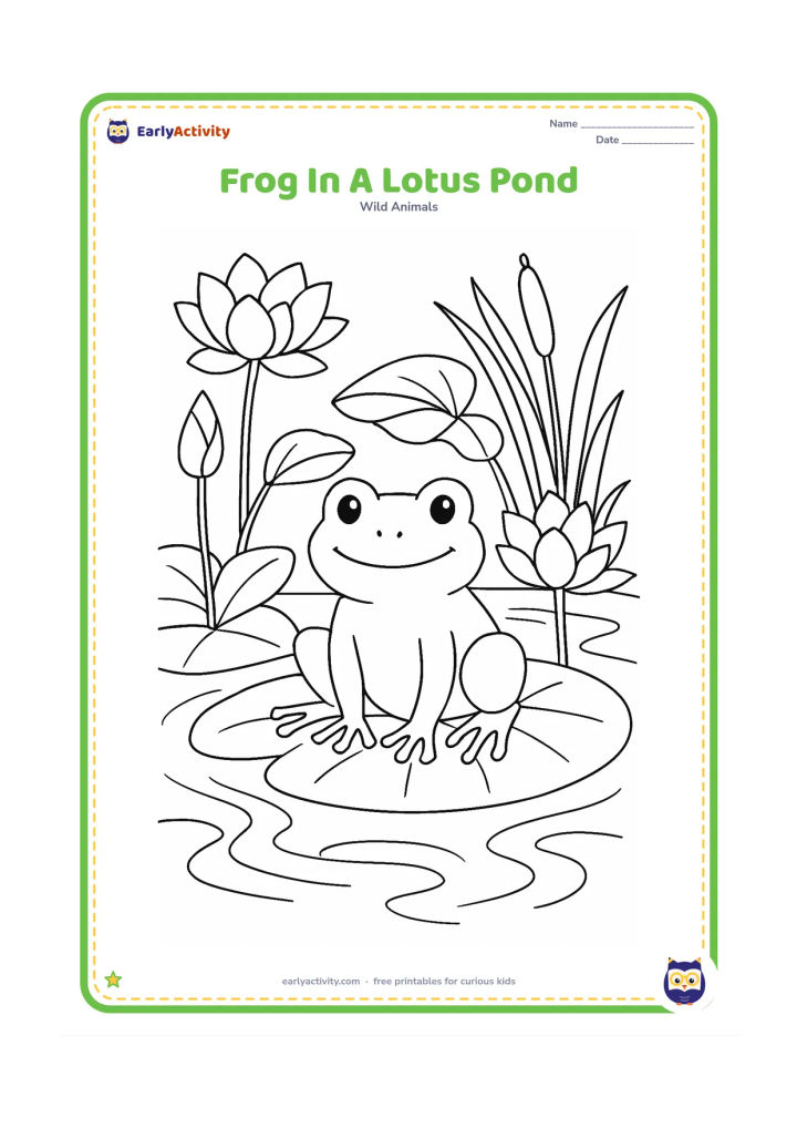 Colouring page: Draw a frog seated on a lotus leaf in an Indian-style pond, surrounded by lotus flowers, broad leaves, tall reeds and curved water ripples. Include one unopened lotus bud and one open…