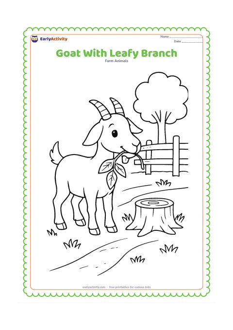 Colouring page: Draw a goat holding a leafy branch between its lips, with several visible leaves and small tooth shapes. Set it beside a rustic fence, a tree stump, and scattered grass on a farm path.