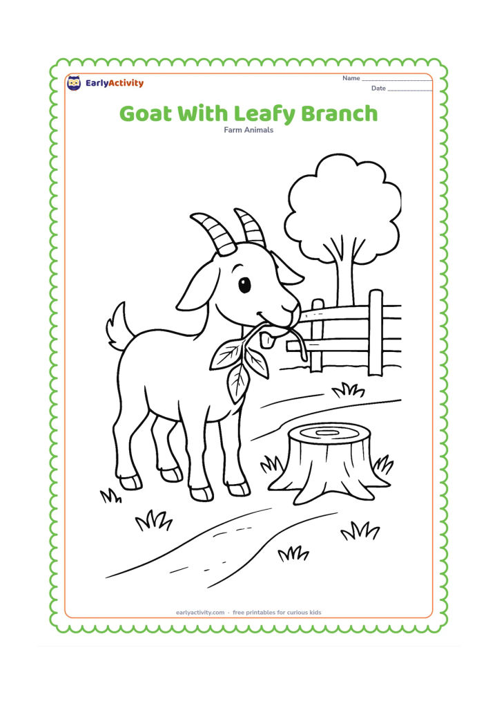 Colouring page: Draw a goat holding a leafy branch between its lips, with several visible leaves and small tooth shapes. Set it beside a rustic fence, a tree stump, and scattered grass on a farm path.