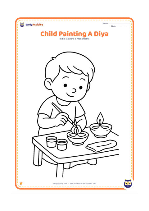 Colouring page: A child sits at a low table painting an unlit clay diya with a brush, with a second diya, paint pots and a cloth on the table.