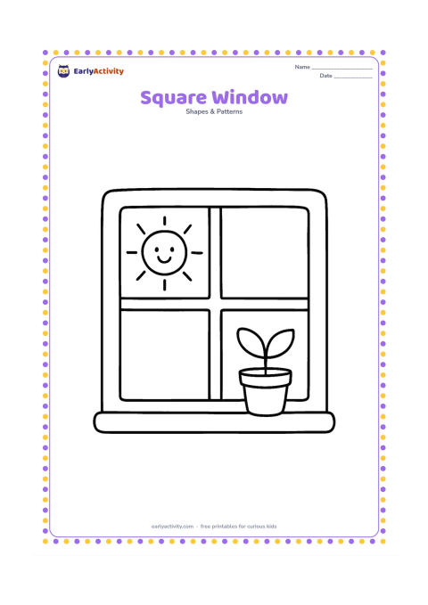 Colouring page: A large square window with four square panes, a sun outside, and a small potted plant on the sill. Keep the room almost empty.