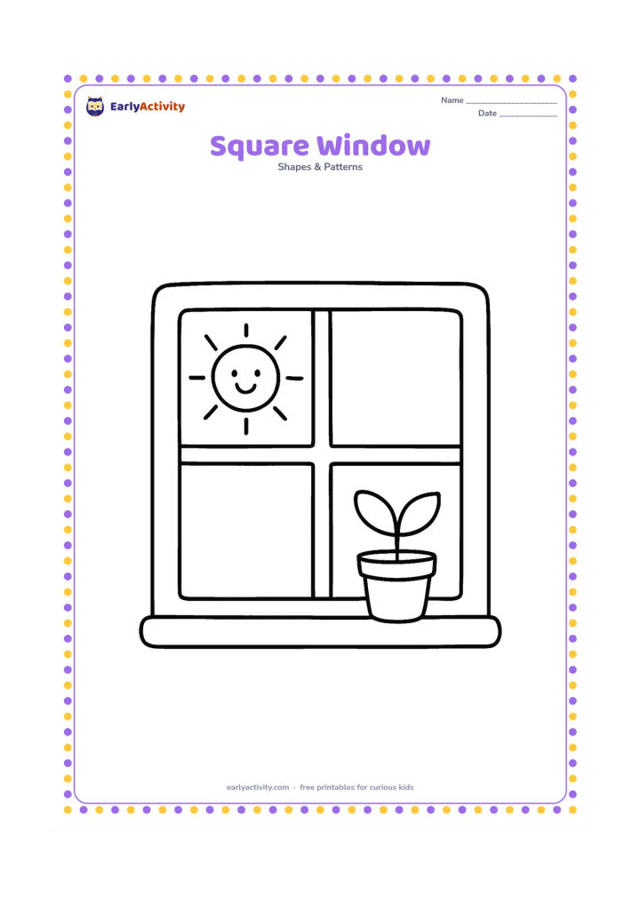 Colouring page: A large square window with four square panes, a sun outside, and a small potted plant on the sill. Keep the room almost empty.