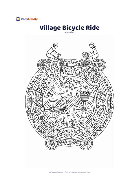 Colouring page: Draw a circular mandala with a bicycle leaning at the centre, surrounded by spokes, baskets, flowering plants, village paths and repeating wheel motifs. Include two riders moving in…