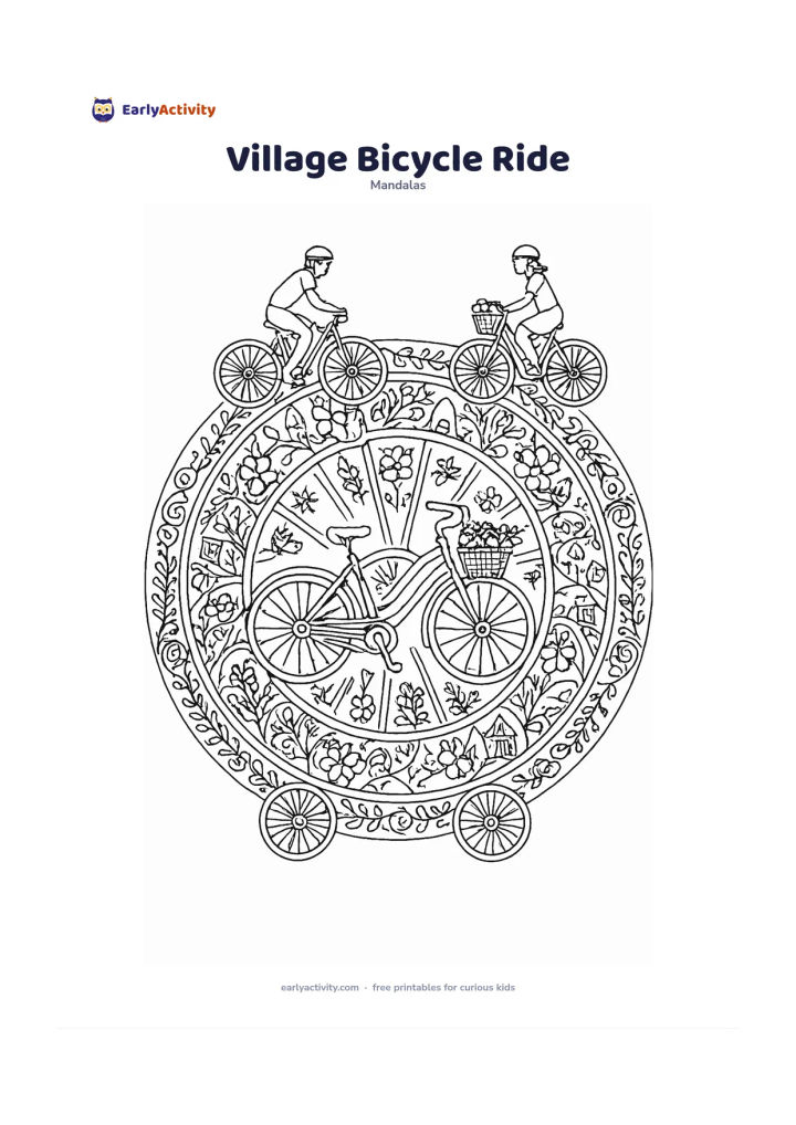 Colouring page: Draw a circular mandala with a bicycle leaning at the centre, surrounded by spokes, baskets, flowering plants, village paths and repeating wheel motifs. Include two riders moving in…