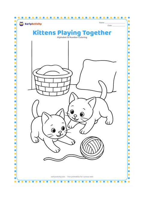 Colouring page: Two playful kittens chase a ball of wool across a cosy room, with a basket and a low cushion behind them. One kitten reaches forward while the other crouches to pounce.