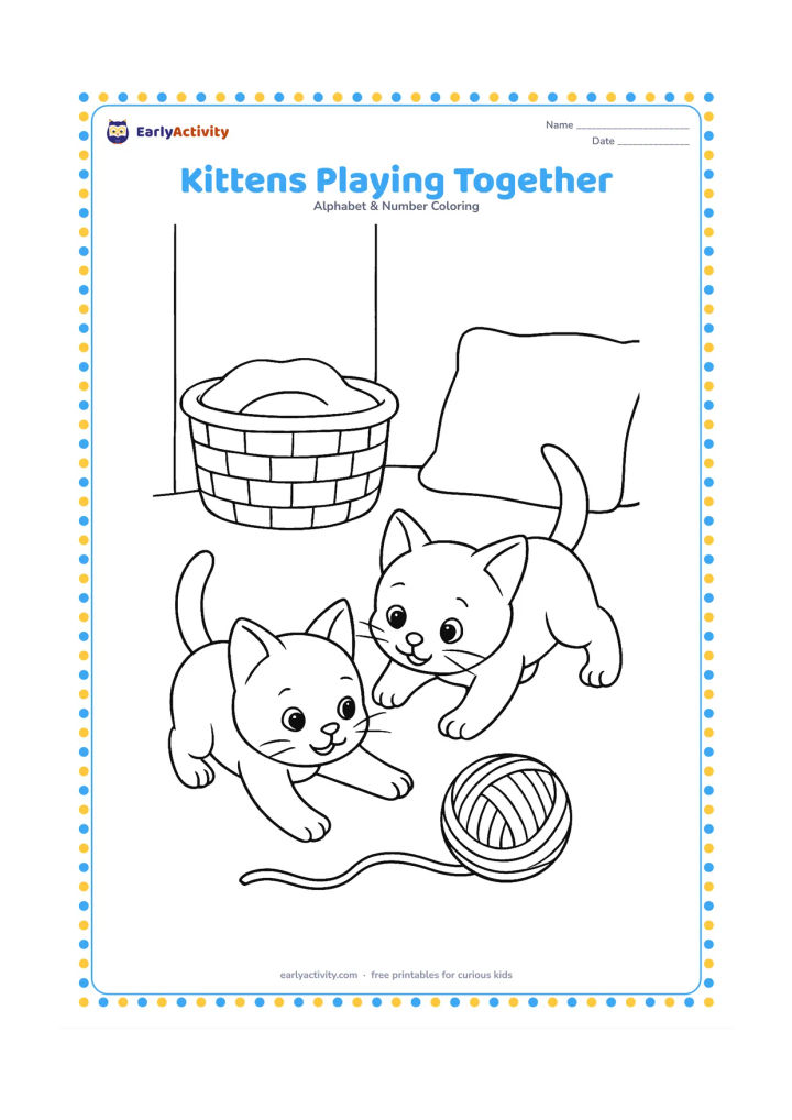 Colouring page: Two playful kittens chase a ball of wool across a cosy room, with a basket and a low cushion behind them. One kitten reaches forward while the other crouches to pounce.