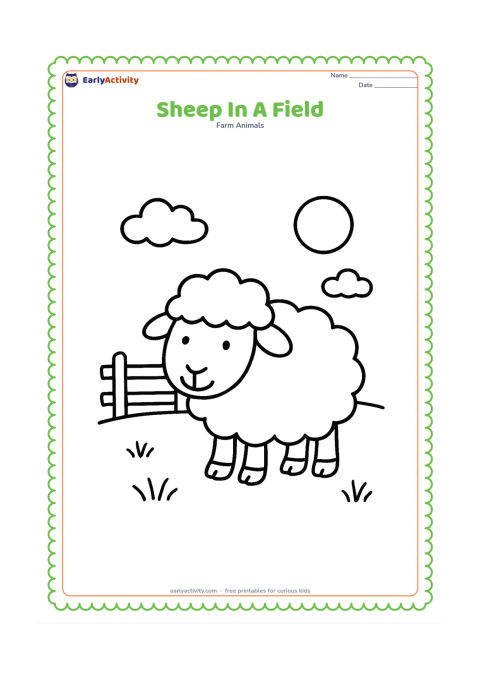 Colouring page: One large sheep stands in an open grassy field with a simple fence, two clouds and a round sun. Leave wide spaces around the sheep for easy colouring.