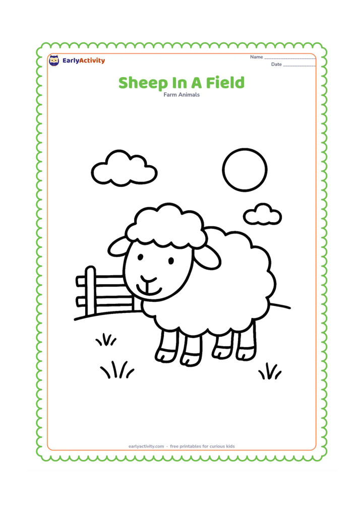 Colouring page: One large sheep stands in an open grassy field with a simple fence, two clouds and a round sun. Leave wide spaces around the sheep for easy colouring.