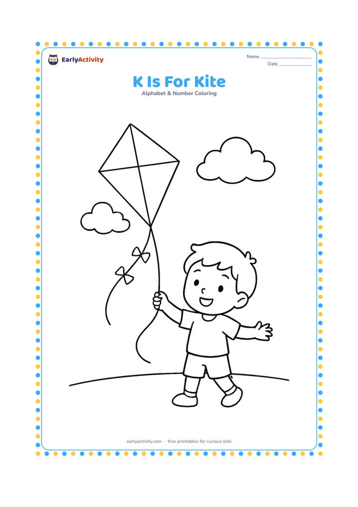 Colouring page: Draw a child flying a large diamond-shaped kite in an open field, with a curved string and two fluffy clouds. Show the child standing clearly below the kite.
