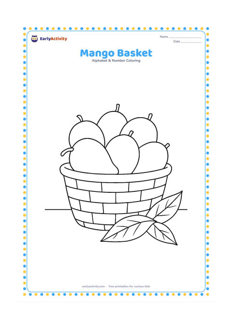 Colouring page: Draw a woven basket filled with several ripe mangoes, with two broad leaves beside it on a kitchen table. Show the basket from a clear front-facing view.