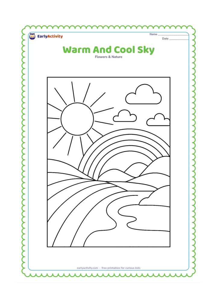 Colouring page: Create one landscape transitioning from a warm sunrise side with the sun, orange-like ray shapes and golden fields to a cool blue-like side with clouds, hills and a lake, using visual…