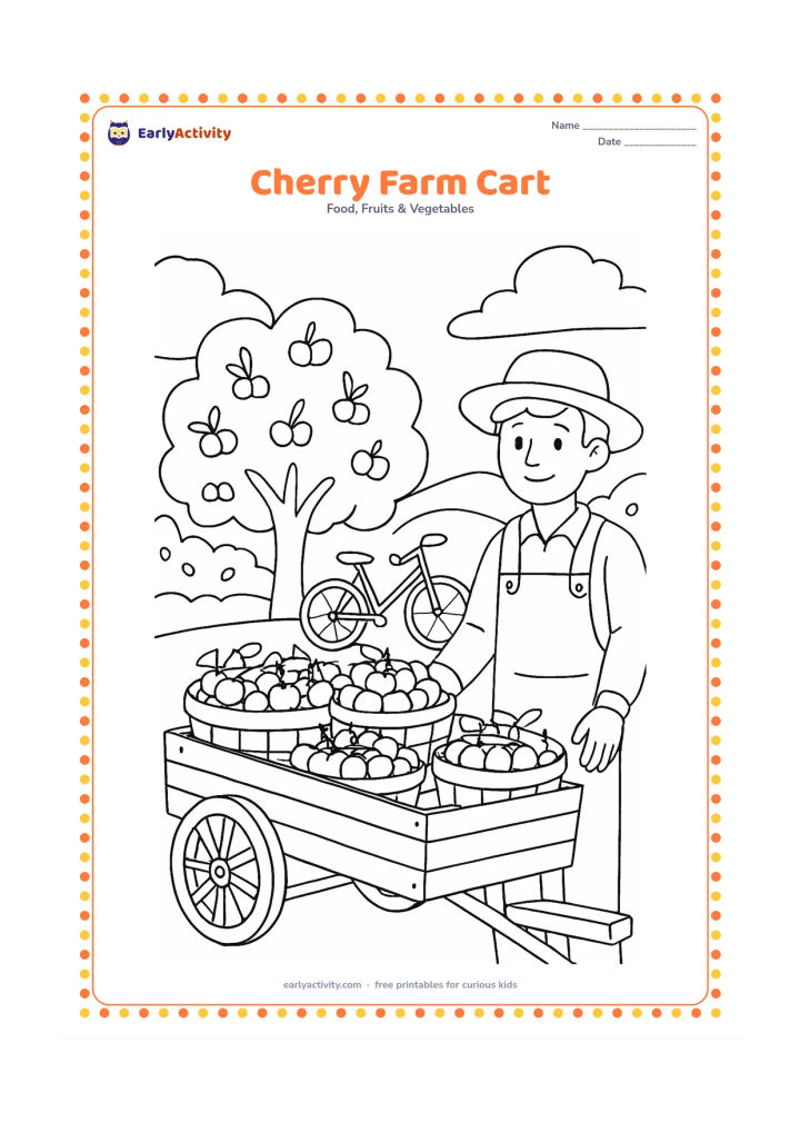 Colouring page: Draw a small farm cart loaded with baskets of cherries beside an orchard, with a farmer, a bicycle, trees and distant hills.