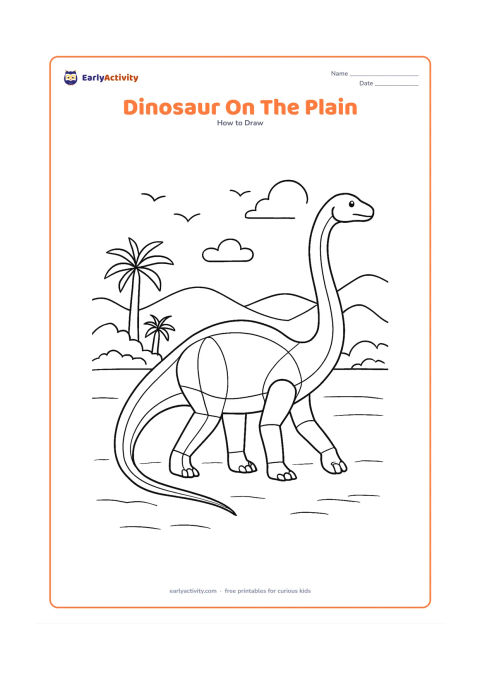 Worksheet: Show a detailed long-necked dinosaur walking across a broad prehistoric plain, with construction stages for the rib-like body oval, long curved neck, jointed legs, and balancing tail.…