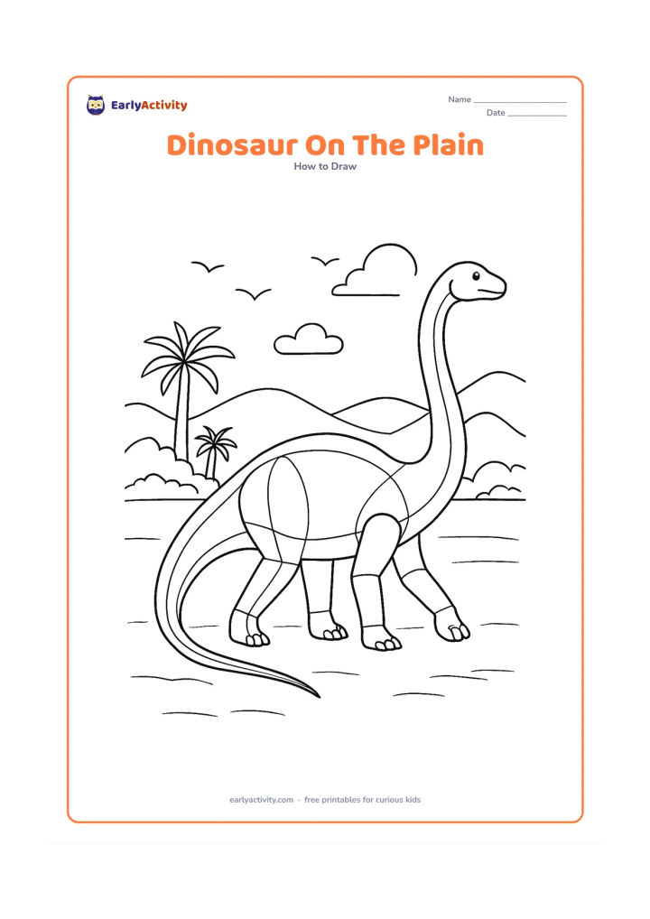 Worksheet: Show a detailed long-necked dinosaur walking across a broad prehistoric plain, with construction stages for the rib-like body oval, long curved neck, jointed legs, and balancing tail.…