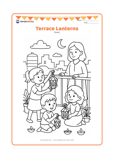 Colouring page: Three children on a safe rooftop terrace hang simple lanterns along a railing while an adult supervises nearby. Show potted plants, a water tank in the distance, a few diyas on the floor…
