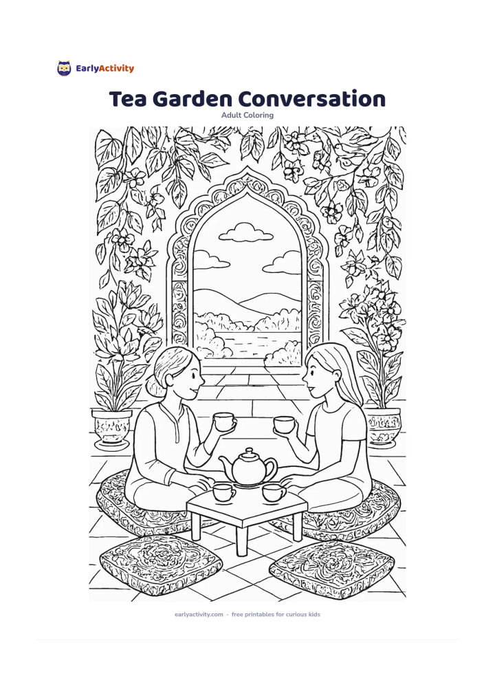 Colouring page: Two friends sitting on floor cushions in an Indian garden courtyard, sharing tea beside flowering plants and a low table. Add an arched doorway, hanging vines, patterned cushions and a…