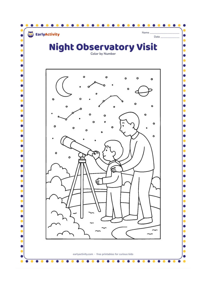 Colouring page: Draw a child and an adult using a telescope on a hilltop observatory platform. Add a domed building, a crescent moon, constellations shown only as dots and lines, planets, bushes, and a…