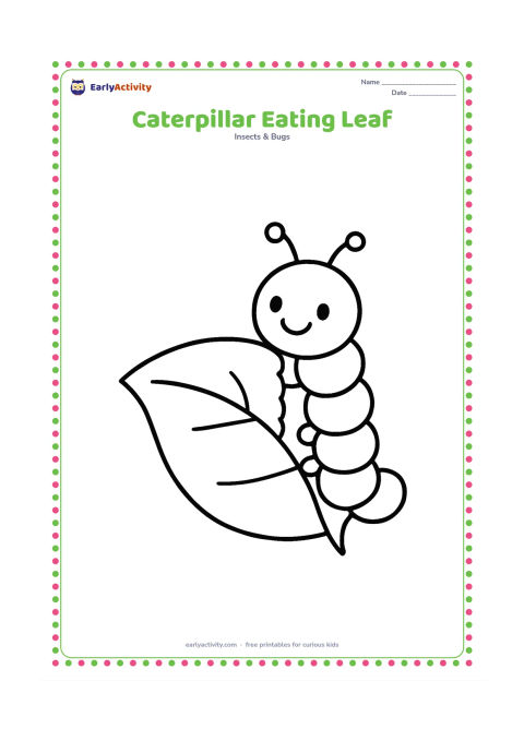 Colouring page: Draw one large caterpillar taking a small bite from the edge of an oversized leaf. Show a few simple bite marks and a smiling face, with no other background details.
