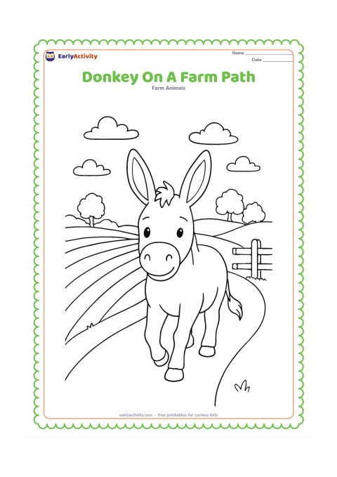 Colouring page: A donkey walks toward the viewer on a winding farm path with long ears raised. Add crop rows, a wooden gate, distant trees and a few clouds to create depth without crowding the animal.
