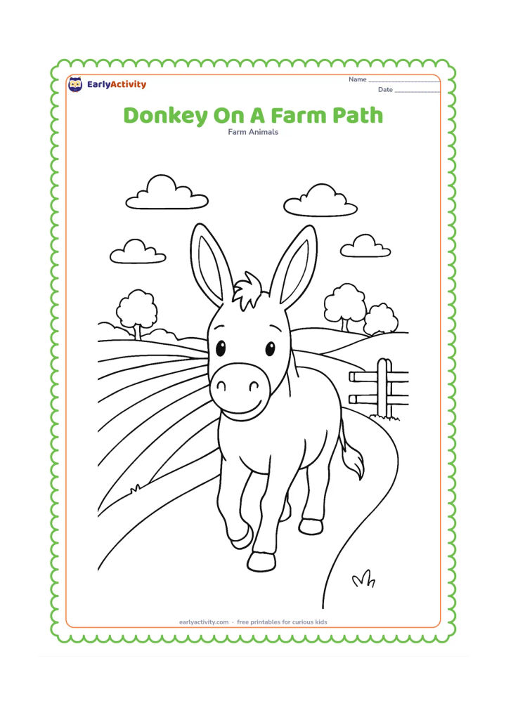 Colouring page: A donkey walks toward the viewer on a winding farm path with long ears raised. Add crop rows, a wooden gate, distant trees and a few clouds to create depth without crowding the animal.