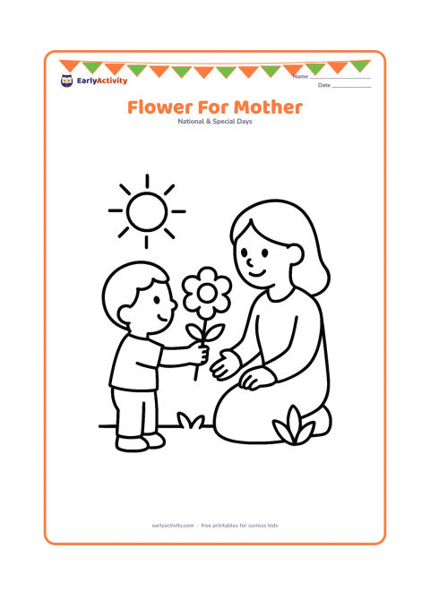 Colouring page: A child proudly holds one large flower toward a seated mother, who reaches out to receive it. Add a simple garden patch, two leaves and a sun in the background.
