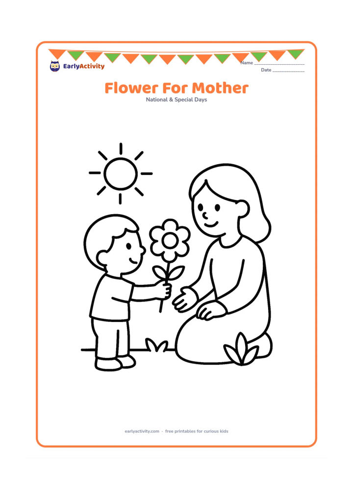 Colouring page: A child proudly holds one large flower toward a seated mother, who reaches out to receive it. Add a simple garden patch, two leaves and a sun in the background.