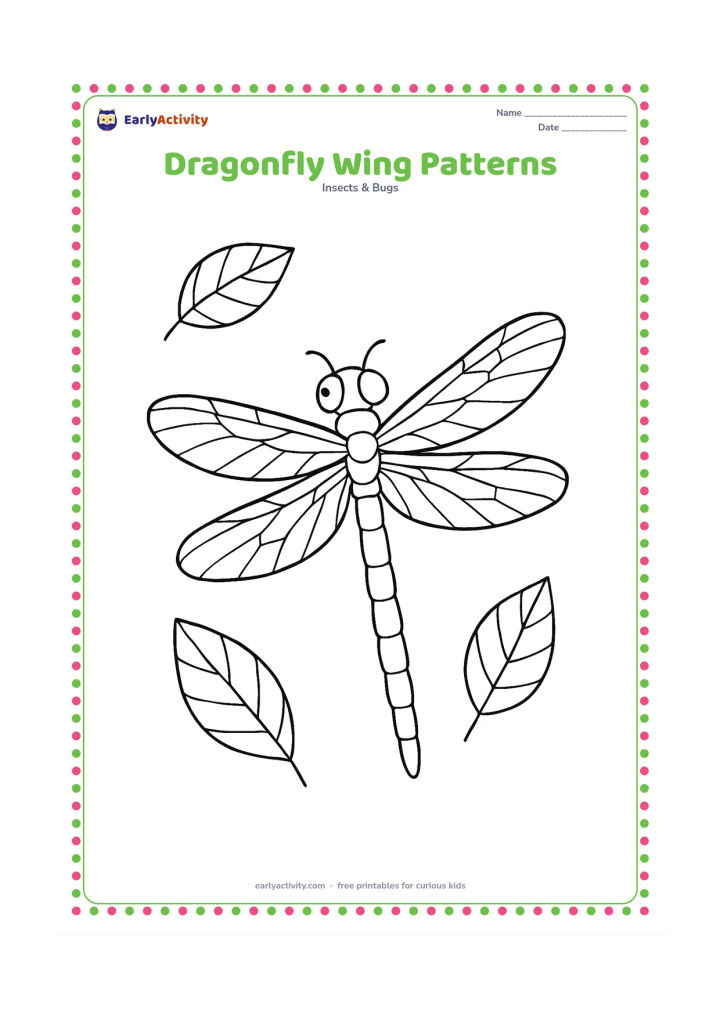 Colouring page: A large dragonfly is shown in a top view with four carefully divided transparent-looking wings, a segmented body, large compound eyes, and a few surrounding leaves. Add repeated…