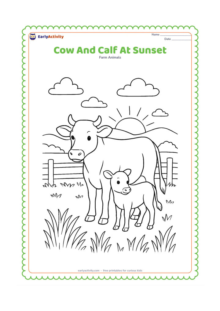 Colouring page: A mother cow and calf stand together in a pasture as the sun sets behind distant hills. Include a wooden fence, tall grass, a few clouds, and long gentle shadows.