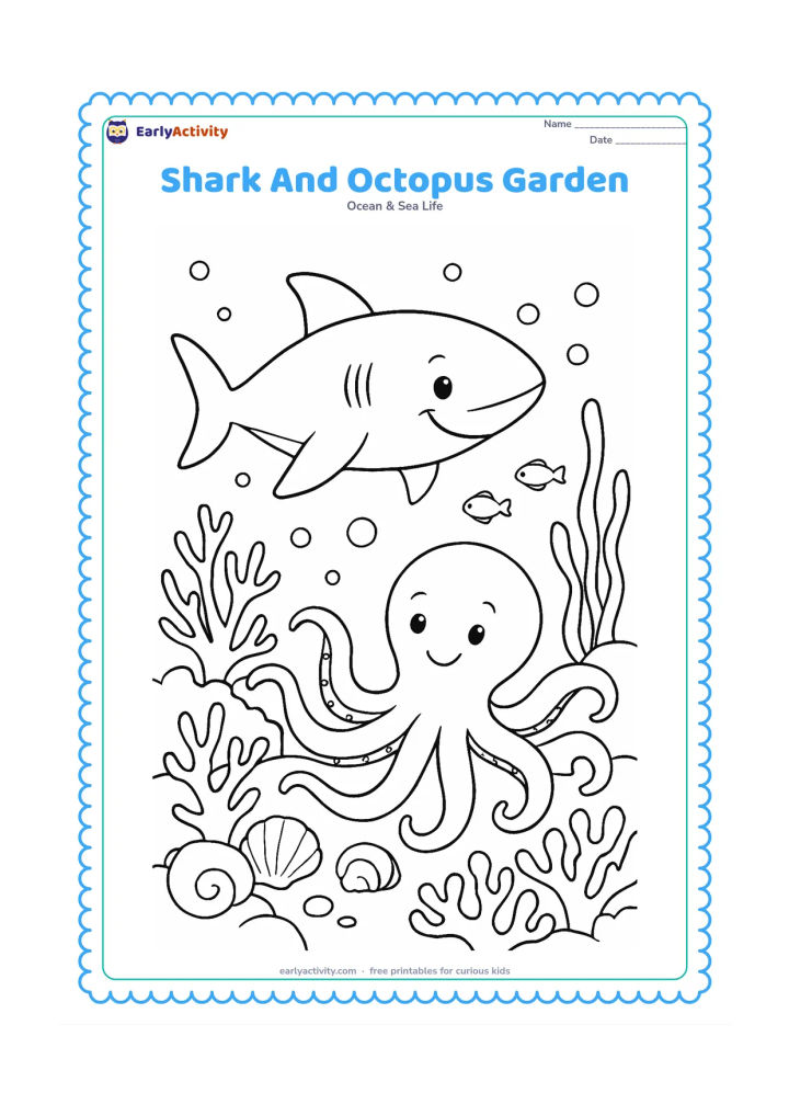 Colouring page: A friendly shark shares a colourful-looking reef scene with a relaxed octopus, surrounded by coral, sea fans, shells, fish, bubbles and seaweed. The octopus should have gently curled…