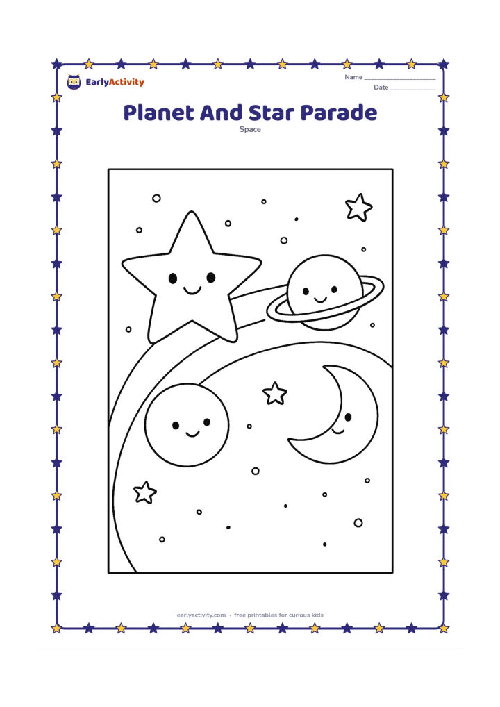 Colouring page: A large five-pointed star leads a gentle row of two round planets and a crescent Moon across space. Add curved orbital paths, small stars and a few simple dots.
