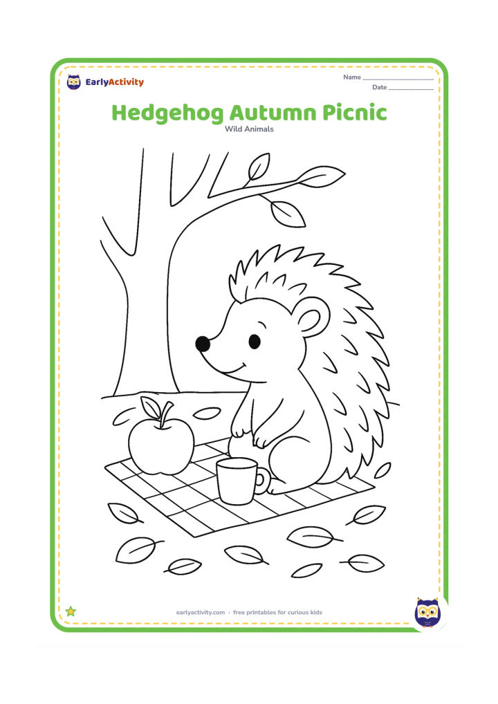 Colouring page: Draw a hedgehog sitting beside a small picnic cloth with an apple and a cup, surrounded by fallen leaves. Add a tree trunk and a few branches behind it.