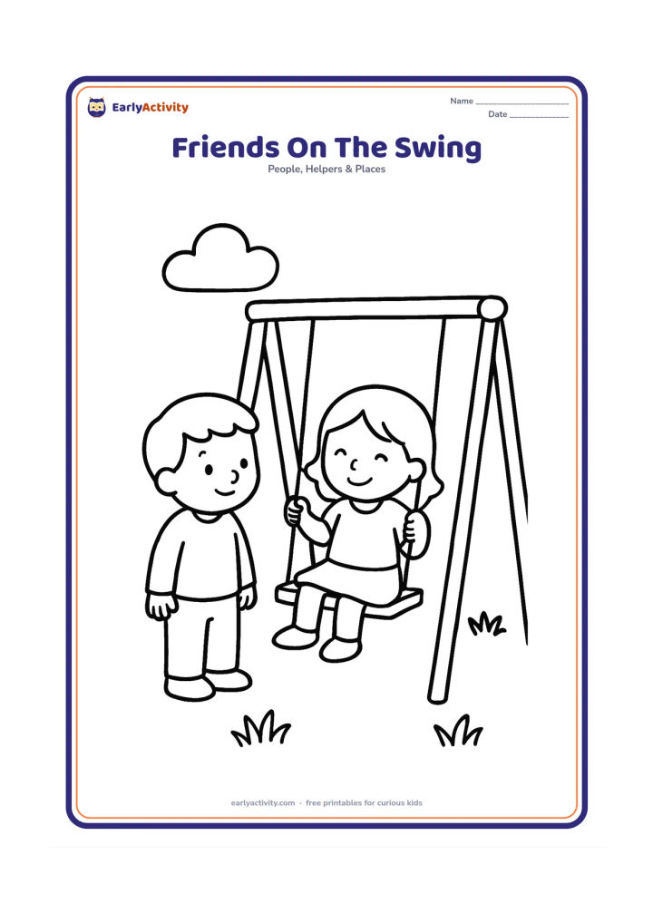 Colouring page: Two children take turns beside a playground swing, with one child gently waiting and the other swinging happily. Include a simple swing frame, grass, and one round cloud.