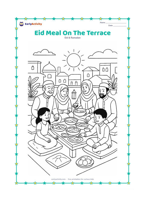 Colouring page: An extended Indian family enjoys an Eid meal on a rooftop terrace at sunset, with a low table, covered dishes, fruit, cushions, potted plants and a view of nearby rooftops. Include…