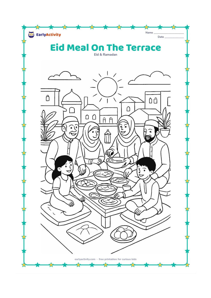 Colouring page: An extended Indian family enjoys an Eid meal on a rooftop terrace at sunset, with a low table, covered dishes, fruit, cushions, potted plants and a view of nearby rooftops. Include…