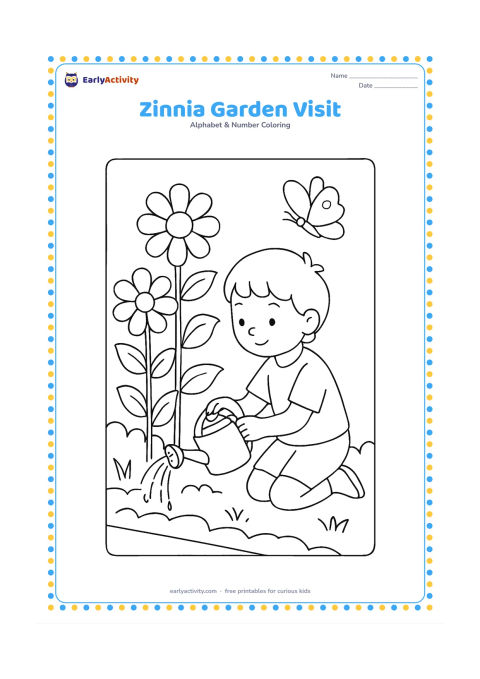 Colouring page: Draw a child kneeling in a garden beside tall zinnia flowers, carefully watering them with a small can. Include broad leaves, a low garden border and a visiting butterfly.