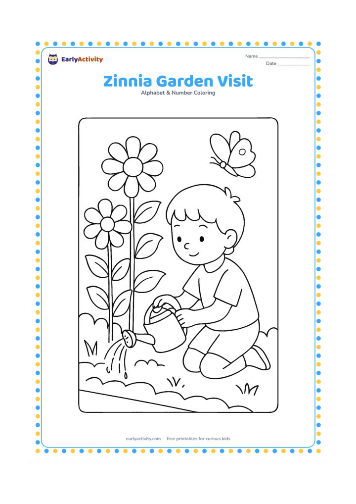 Colouring page: Draw a child kneeling in a garden beside tall zinnia flowers, carefully watering them with a small can. Include broad leaves, a low garden border and a visiting butterfly.