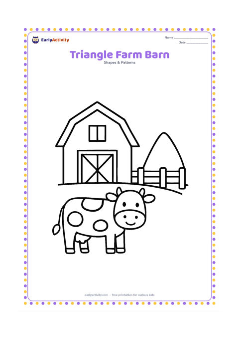 Colouring page: Draw a friendly farm scene with a barn topped by a large triangular roof, a cow, a fence, and one triangular haystack. Place the main roof and haystack in clear view.