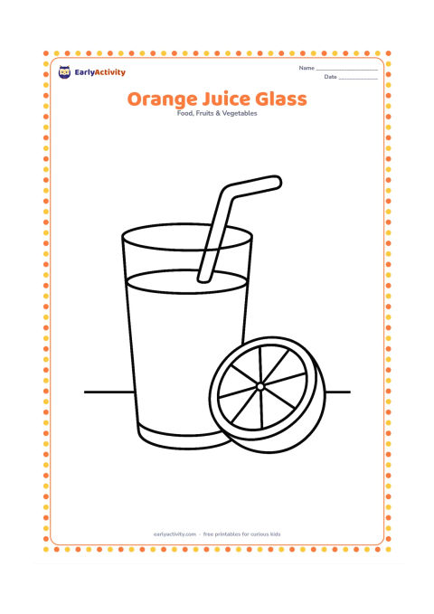 Colouring page: Draw a large glass filled with orange juice beside half an orange on a small table. Add a simple straw without any markings or writing.