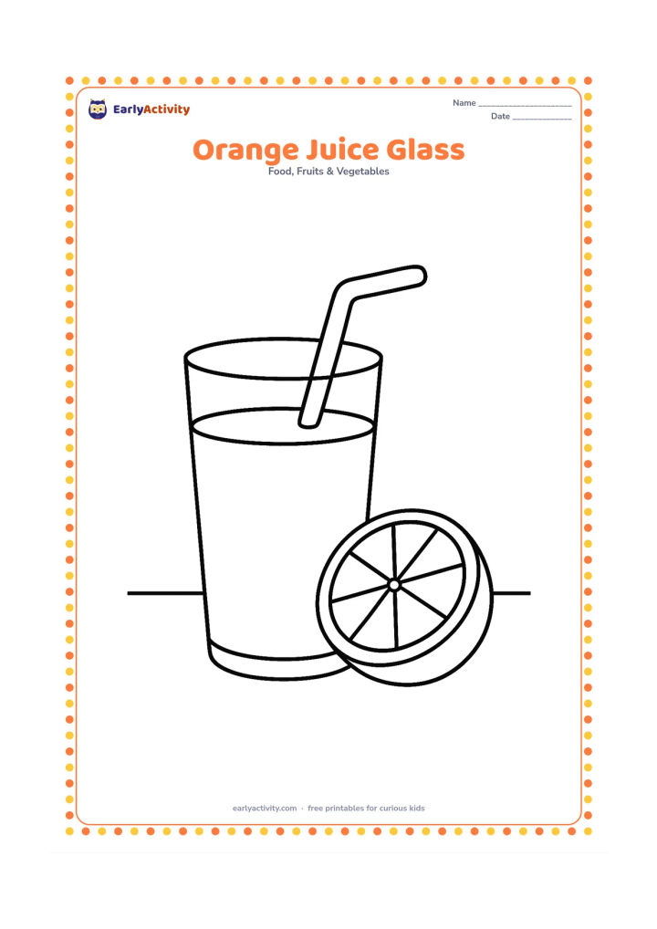 Colouring page: Draw a large glass filled with orange juice beside half an orange on a small table. Add a simple straw without any markings or writing.