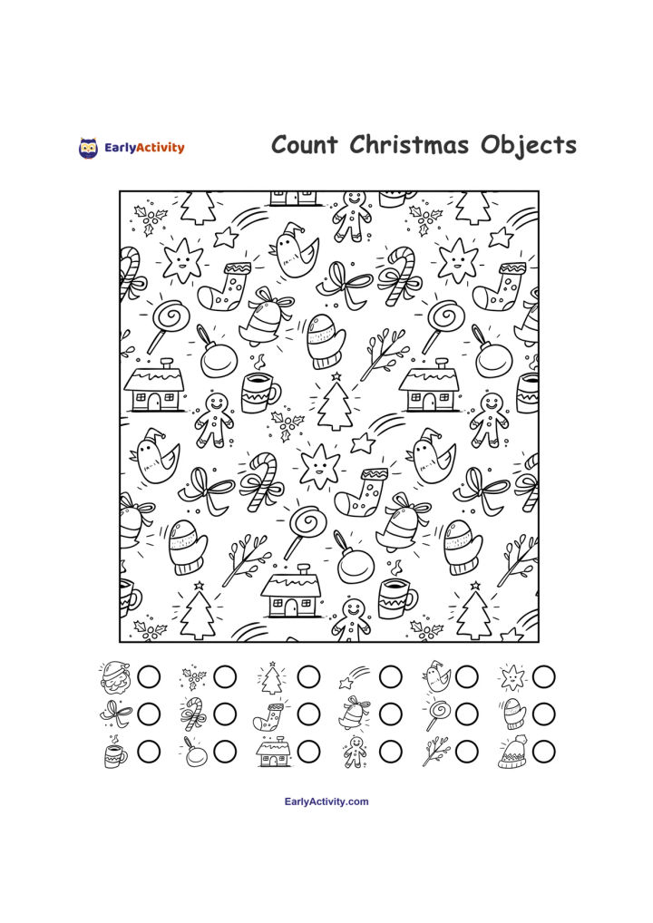 Worksheet page with a Christmas pattern of trees, stars, stockings, ornaments and other festive objects, plus counting rows with answer circles.