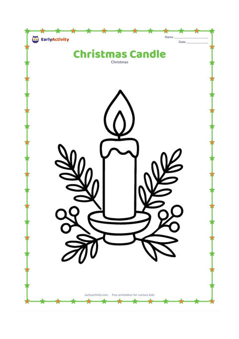 Colouring page: A single large candle with a flame stands in a simple holder, surrounded by three broad evergreen sprigs and round berries. Leave plenty of clear space around the arrangement.