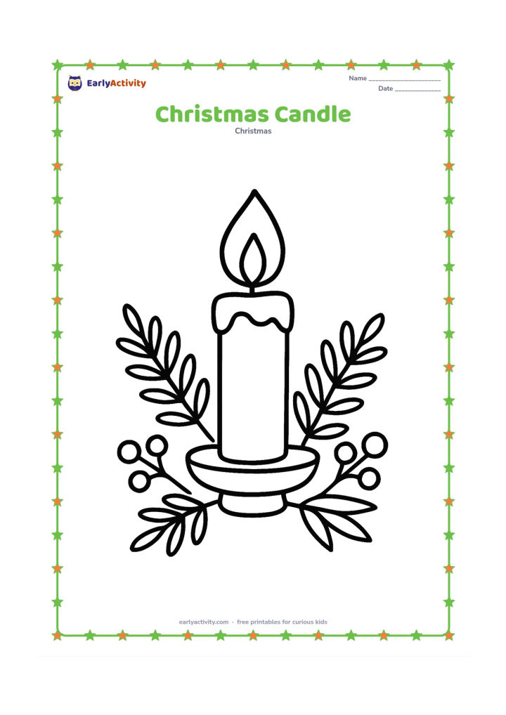 Colouring page: A single large candle with a flame stands in a simple holder, surrounded by three broad evergreen sprigs and round berries. Leave plenty of clear space around the arrangement.