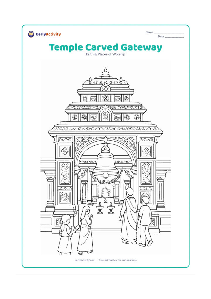 Colouring page: A grand temple gateway with multiple tiers, arched openings, carved border panels and a large central bell. Show the temple courtyard beyond with lamps, flower garlands, pillars and…
