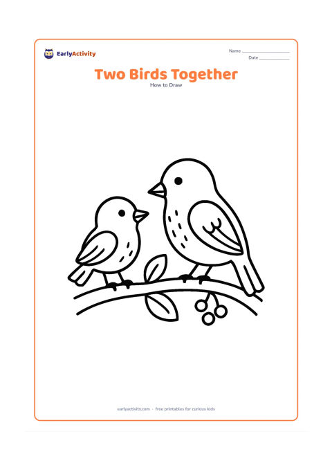 Worksheet: A small bird and a larger bird sit on the same curved branch, facing one another. Give them different beak sizes, wing shapes and tail shapes, with a few leaves and berries around them.