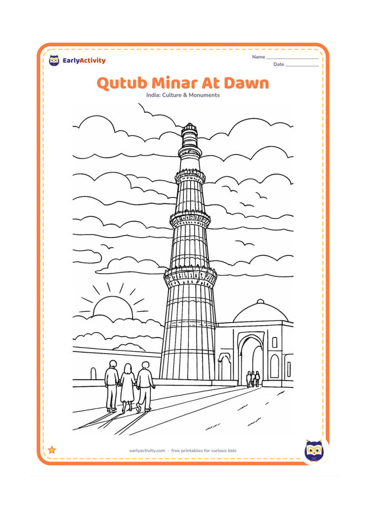 Colouring page: Draw Qutub Minar at dawn with layered clouds, a low sun, long shadows, birds in the sky, and a small group of visitors entering the courtyard through an arch. Show the tower's fluting…