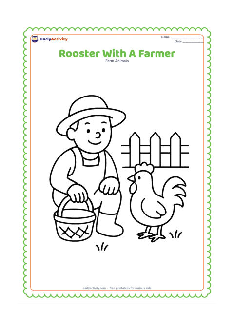 Colouring page: Draw a smiling farmer crouching beside a rooster in a small farmyard. Include a basket, a few grass patches and a plain fence, with no writing on clothing or objects.