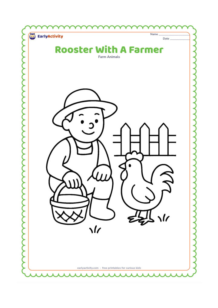 Colouring page: Draw a smiling farmer crouching beside a rooster in a small farmyard. Include a basket, a few grass patches and a plain fence, with no writing on clothing or objects.