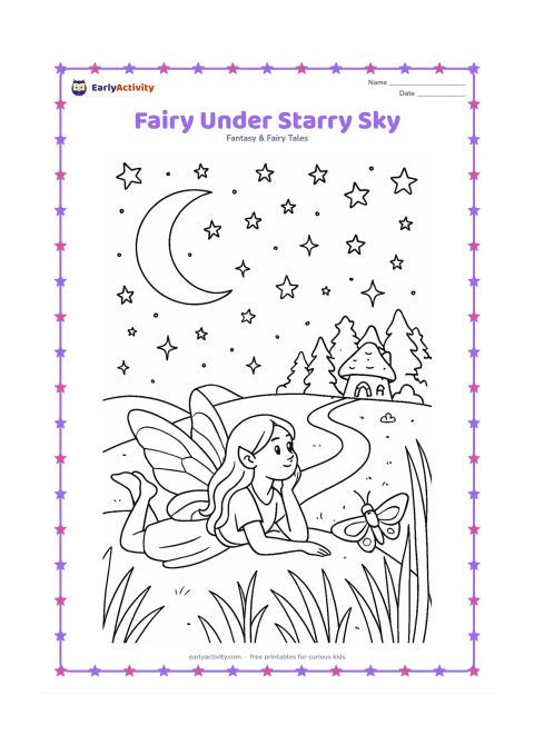 Colouring page: A fairy lies on a hilltop looking toward a large crescent moon and a sky filled with varied stars. Add a winding path, tall grasses, a distant woodland, a fairy house and a moth near the…